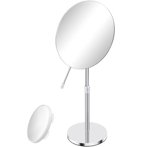 FFowcye 8" HD Vanity Mirror with Swivel & Adjustable Height (13-18"), Bonus 10X Magnifying Suction Cup Makeup Mirror for Precision Grooming & Shaving, Chrome Finish for Tabletop & Bedroom（No Light）
