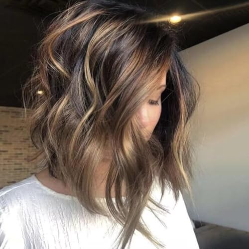 Ombre Brown Short Bob Wig Highlights Wavy Mixed Blonde Human Hair 13x6 HD Transparent Invisible Lace Front Wigs Pre Cut Pre Bleached Loose Wave Bob Brazilian Hair 150% Density 8inch