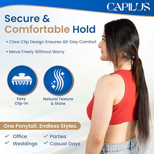 Capilus Flat Clip-In Ponytail Hair Extensions Natural Human Hair Changeable Clip Instant Volume & Length Original Human Hair Ponytail Extension for Women (Black, 14 Inch)