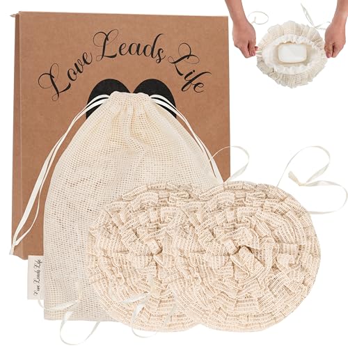 Bamboo Washcloth & Ramie Loofah ? Dual?Sided Body Scrubber for Bath & Shower ? Patent Pending - Gentle Exfoliation, Sensitive Skin Spa Tool ? Large Loofah with Bar Soap Pouch, Cotton Wash Bag, 2 Pack