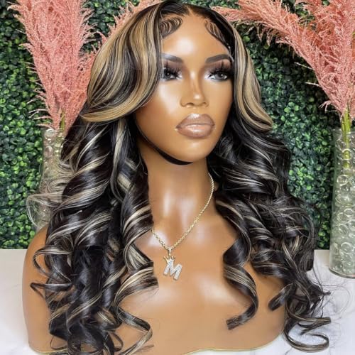 FB/27 28 Inch Highlight Balayage Wig Human Hair 13x4 HD Lace Front Wigs Body Wave Ash Blonde Omber Lace Front Wigs Human Hair Pre Plucked for Black Women 180% Density