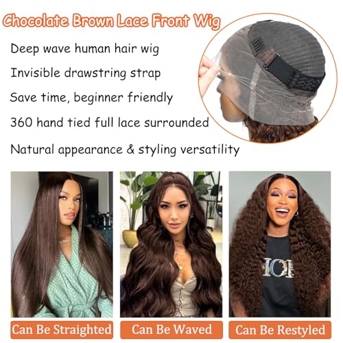 360 Chocolate Brown Lace Front Wigs Human Hair Deep Wave Full Lace Human Hair Wigs 360 Drawstring Wig Upgraded Hidden Strap 360 HD Full Lace Wigs For Black Women£¨20 Inch£©