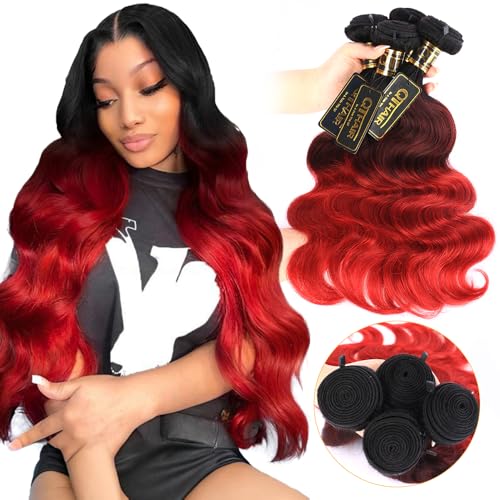 QTHAIR 1B/99J/Red Ombre Body Wave Human Hair Bundles 16A Grade 3 Tone Black Red Human Hair Body Wave Bundles 14 16 18Inch Unprocessed Virgin Hair Bundles Body Wavy Bundles