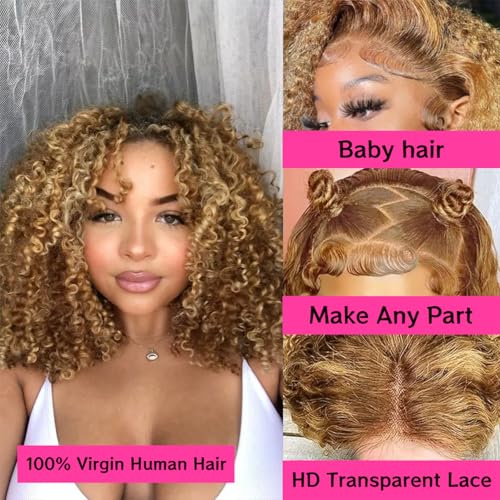 4/27 Highlight Ombre Bob Wig Human Hair 13x4 Deep Curly Human Hair Wig 200 Density Hd Lace Front Wigs Human Hair For Women Pre Plucked Wet And Wavy Short Bob Wigs 16 Inch