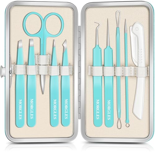 MORGLES Blackhead Remover and Pimple Popper Tool Kit, 10 Pcs Professional Acne Extractor Kit, Ingrown Hair Tweezers with Leather Travel Case for Face and Eyebrow Grooming