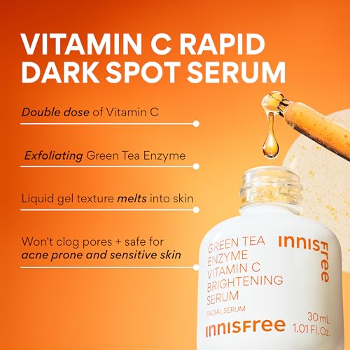 Innisfree Green Tea Enzyme Vitamin C Serum for Brightening Dark Spot Correction, Korean Face Serum for Radiant Glow