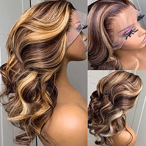 MISSJAY 24 Inch 13x6 HD Lace Front Human Hair Wig - Honey Blonde Highlight Ombre Body Wave - 180 Density for Black Women