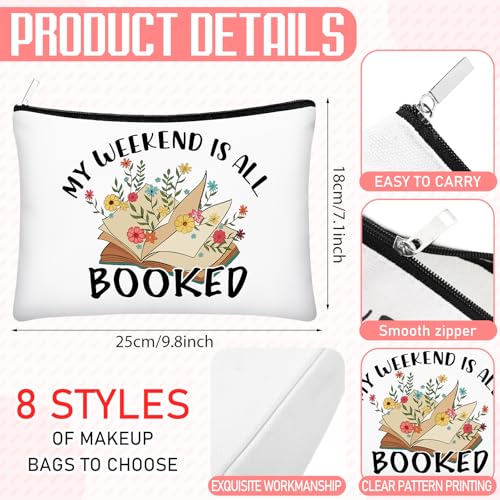 8 Pcs Book Club Gifts Book Lovers Makeup Bag Gifts for Women Cosmetic Bag with Zipper Pouch for Teen Adult Women Lovers Librarian Bookish Club Gifts(Book,Flower)