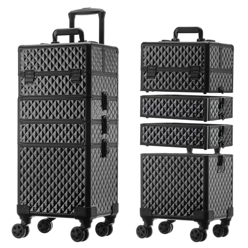 Leeora&Leekoo Portable Multi-Storey Nail Case for Nail Tech Organizer - Wheels Makeup Case Organizer, Cosmetic Case, Makeup Train Case, Make Up Case 8036(Black)