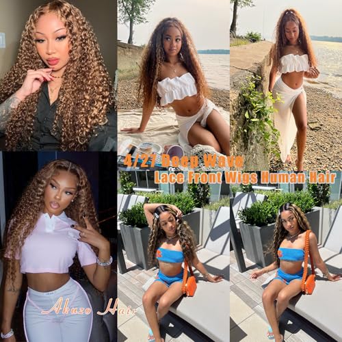 AKUZO 13x6 Ombre Honey Blonde Deep Wave Lace Front Wigs Human Hair Highlight Deep Curly Wig Pre Plucked 200% Density 4/27 HD Transparent Lace Frontal Glueless Wigs for Black Women 26inch