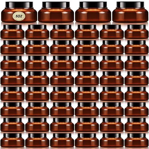 Tessco 48 Pcs Plastic Jars with Lids and Labels Body Scrub Jars Round Refillable Cosmetic Containers Empty Butter Travel Containers for Sugar Scrub Lotions Cosmetics Cream(5 oz,Brown)