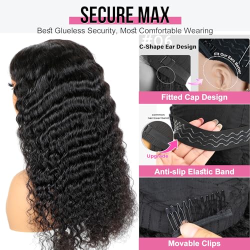 BLY Glueless Wigs Human Hair 9x6 M-Cap Wig Max Parting HD Lace Pre Cut Wig for Women Pre Plucked, Bleached Tiny Knots Deep Wave Curly Lace Front Wigs Wear Go 180% Density 22 Inch