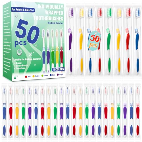 50 Pcs Toothbrush Bulk Disposable, Travel Toothbrushes Pack, Soft Bristle Individually Wrapped and Good Cleaning for Kids, Adult and The Elderly. Suitable for Hotel, Travel, Home, Donated