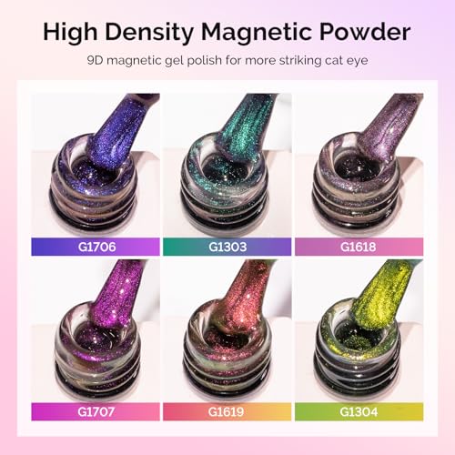 MelodySusie 9D Chameleon Cat Eye Gel Nail Polish Set 6 PCS, 0.5 Fl Oz Red Rosy Pink Glitter Holographic Magnetic Nail Polish with Magnet, UV Nail Polish for Nail Art Manicure Salon DIY at Home