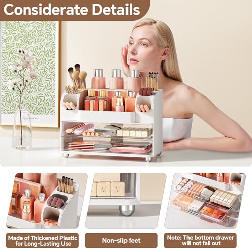 Makeup Organizer, Large Vanity Organizer with Brush Holder and 2 Drawers, Clear Cosmetic Storage Box for Bathroom Countertop, Toiletry and Skincare Storage for Lipsticks, Lotion, and perfume, White