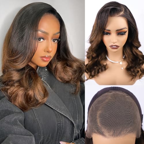 Pizazz 8x5 C part T1b/4 Balayage Glueless Wig Human Hair Pre Plucked Pre Bleached Pre Cut Ready to Go Body Wave Ombre 220 Density Lace Front Wigs Human Hair With Small Knots (T1B/4 Color, 18 Inch)