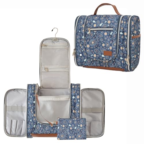 Hanging Toiletry Bag for Women, Travel Makeup with Metal Swivel Hook, Organizer for Full Sized Cosmetics and Toiletries,Water-Resistant Nylon,Paisley Floral