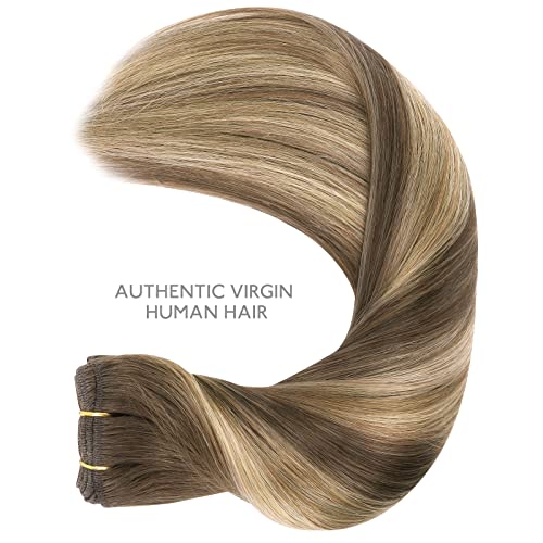 WENNALIFE Sew in Hair Extensions Real Human Hair, 24 Inch 120g Balayage Chocolate Brown to Caramel Blonde Machine Weft Hair Extensions Remy Hair Hand Tied Weft