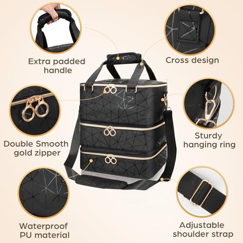 Nail Polish Organizer Bag Holds 84 Bottles & Nail Lamp, 3 Layers Nail Kit Storage Carrying Case Pu Leather, Large Nail Supplies Organizer With Shoulder Strap, Portable Travel Nail Bag For Nail Tech