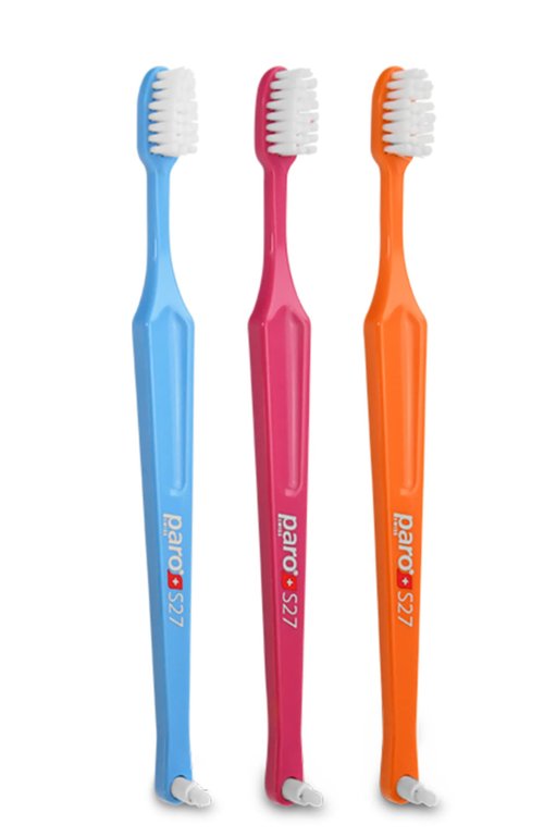 Paro S27 Toothbrush | Soft Bristles with 3 Rows, 27 Tuft and Replaceable Interspace Brush F (3 Pack Multi -Color)