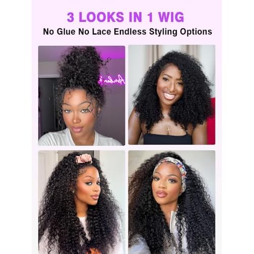 22Inch Half Wig Human Hair Kinky Curly 250% Density 3 In 1 Seamless Flip Over Half Wig for Women Glueless Wear and Go Drawstring Wig Human Hair Natural Black Beginner Friendly