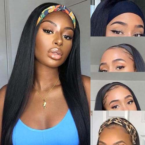 Headband Wig Human Hair Straight Headband Wigs Brazilian Virgin Hair 150% Density None Lace Front Wigs Human Hair Glueless Headband Half Wig for Women Natural Color 28 Inch