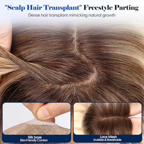 HAIRCUBE Hair Toppers For Women With Thinning 5"*5" Large Base Real Hair Toppers For Women, 14 Inch For Hand-Woven, 60g, Silk, Natural, realistic, Use Daily, Hairloss, Blonde Mixed Brown, No Bangs