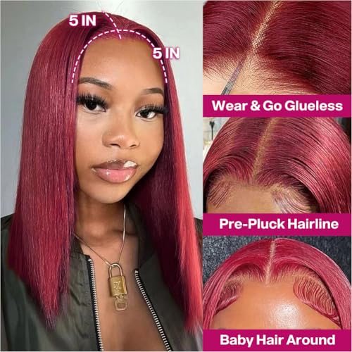Wear and Go Glueless Bob Wig Human Hair 200% Density 5x5 HD Lace Closure Wigs For Black Women Glueless 5x5 Closure Wigs Human Hair Pre Plucked Bob Burgundy Color 16 Inch