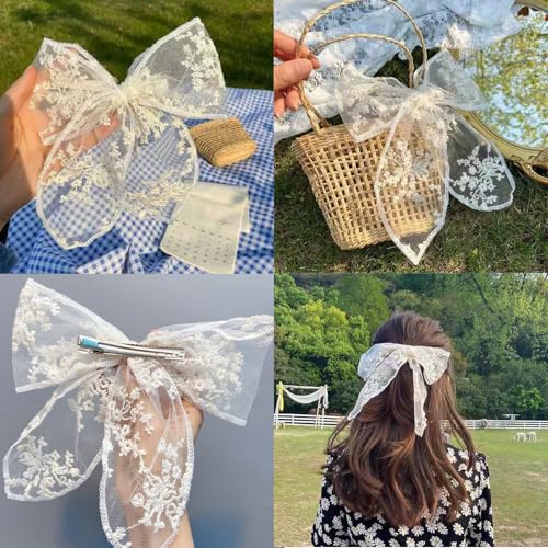 2PCS Large Lace Hair Bow Clips for Women Drape Bow Translucent Mesh Bow Barrette Hair Accessories for Girls Women (Black+White)