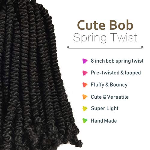 Niseyo Pre twisted Bob Spring Twist Hair 8 Inch 7 Packs Short Pre-looped Crochet Braid (1B, Natural Black)