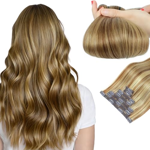 Clip in Hair Extensions Real Human Hair Chestnut Brown to Golden Blonde 22 inch 7pcs 100g/Pack, Human Hair Clip in Extensions, Salon-Grade Quality, Easy Comfort Wear for Women (#P6/22, 22 inch)
