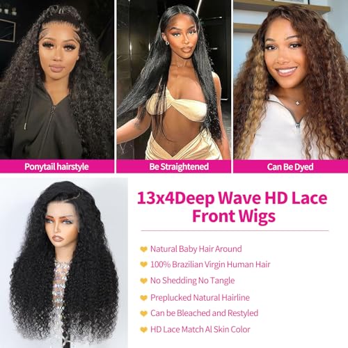 Deep Wave Lace Front Wigs Human Hair 13x4 HD Lace Front Wigs Human Hair Pre Plucked Brazilian Curly HumanHair Wig 200 Density Glueless Frontal Wigs For Women(22inch)