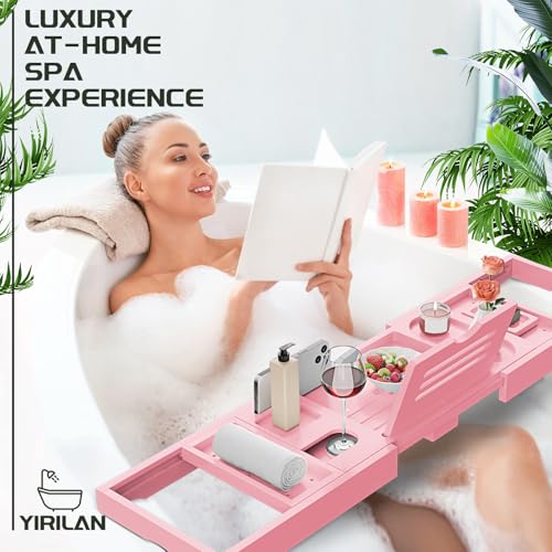 Yirilan Premium Bathtub Tray Caddy - Expandable Bath Tray - Unique House Warming Gifts, New Home, Anniversary & Wedding Gifts for Couple, Bridal Shower Gift for Women-Pink