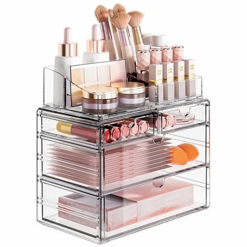 Delamu 4-Tier Clear Makeup Organizer with Drawer, Stackable Acrylic Cosmetic Storage for Bathroom Vanity, Dresser Countertop, Make Up and Jewelry Storage, Beauty Holder for Lipstick Brush Skincare