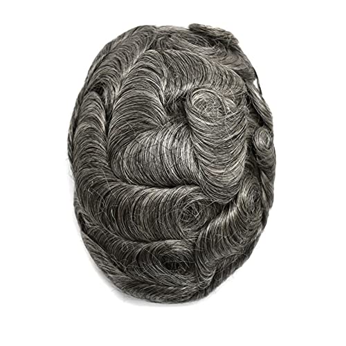 Hair System For Men Toupee Human Hair Replacement All Poly Mens Hair Piece 0.1mm Skin PU Hairpieces For Man Grey Brown Black Wigs(8"X10", #1B60 1B# OFF BLACK WITH 60% SYNTHETIC GREY)