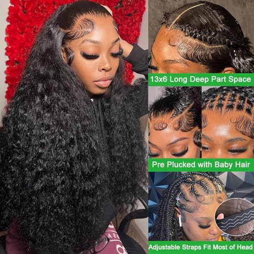 24 Inch 13x6 Lace Frontal Deep Wave Wigs Human Hair 13x6 Lace Front Deep Wave Wig 200% Density Pre Plucked Lace Front Curly Human Hair Wigs for Women Glueless Wig