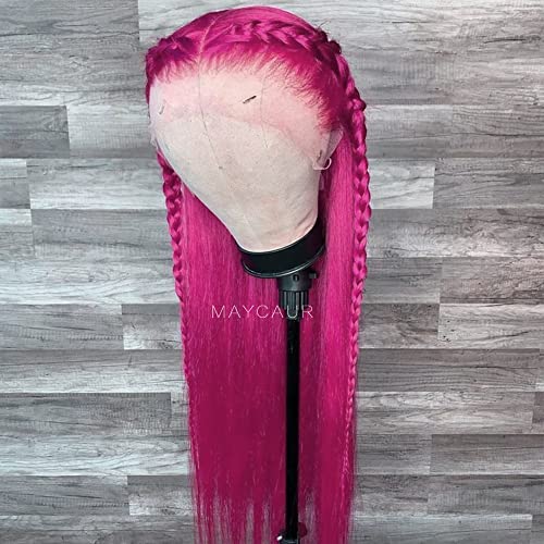 Maycaur Long Straight Hot Pink Lace Front Wigs Pre Plucked Hairline Glueless Hair Rose Red Synthetic Lace Front Wigs for Fashion Women Heat Resistant Fiber