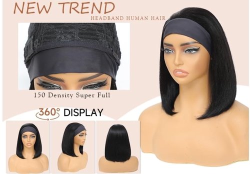 Comfair Headband Wig Human Hair Bob Short Straight Human Hair Headband Wig Wear And Go Glueless Wigs 180% Density None Lace Natural Color Bob Short Human Hair Wigs for Black Women