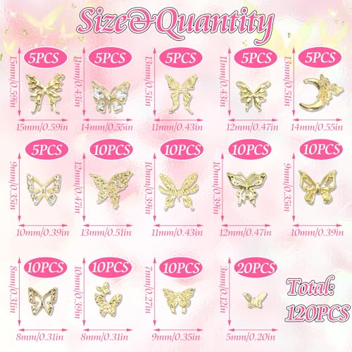 RODAKY 120pc Butterfly Nail Charms - Gold 3D Butterflies with Rhinestone Mixed Size Y2K Nail Decoration for Women's Manicure Design DIY Craft Embellishment