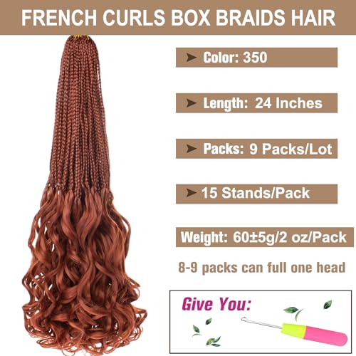COOKOO 9 Packs Ginger Crochet French Curl Braids 24 Inch Pre Looped French Curl Braiding Hair for Women Goddess Box Braids Hair with Curly Wavy Ends Synthetic Hair Extensions 350#