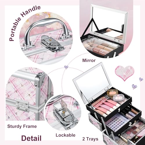 FRENESSA Makeup Train Case Portable Makeup Case Organizer Cosmetic Box Make Up Box Makeup Organizer Cases with Mirror Locking Nail Kit Organizer Travel Case Pink Plaid
