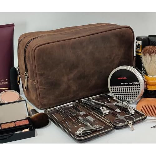 RUSTIC TOWN Full Grain Leather Travel Toiletry Bag - Cosmetic Ditty Kit Organizer (Dark Brown)