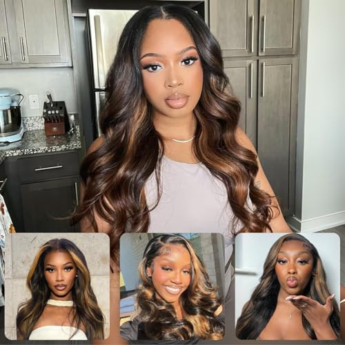 BQRIH 12A Brown Highlight Body Wave Bundles Human Hair 20 22 24 In Brazilian Virgin Wavy Weaves F1B/30 Black and Honey Blonde Ombre 3 Bundles Soft Balayage Colored Human Hair Extensions For Women Remy