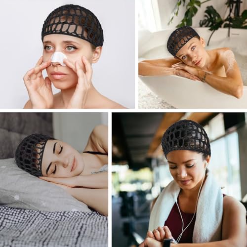 2 PCS Shower Caps Hair Nets for Sleeping,Crochet Mesh Wrap Caps for Silk Press, Curly Hair & Wig Protection,Soft Reusable Bonnets for Women, Lift Strap Weaving Sew For Women Ballet,Black