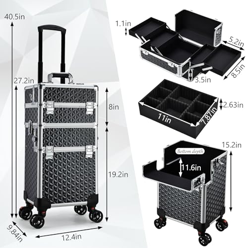 Professional Rolling Makeup Case, 3 in 1 Makeup Train Case, Cosmetology Case on Wheels, Large Makeup Trolley Salon Barber Traveling Trunk Suitcase for Makeup School Nail Tech Hairstylist MUA, Black
