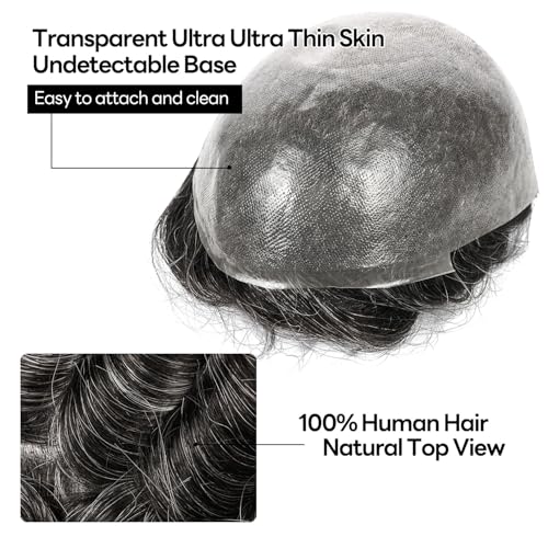 Men Toupee Hair System Human Hair Replacement For Men 0.04mm Ultra Thin Skin Toupee For Men V-looped Hair Piece (220# Darkest Brown with 20% Grey, 8x10"-100% Light Med-Light Density)