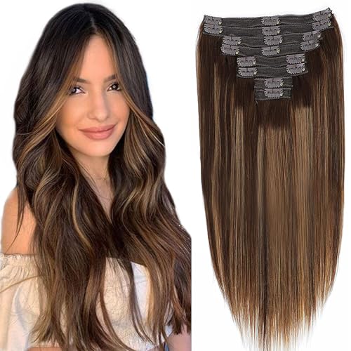 Clip in Hair Extensions Human Hair 120g Real Human Hair Extensions Clip in Balayage Chocolate Brown to Caramel Blonde 8PCS Clip in Straight Remy Hair Extensions (14 inch, 4/27/4)