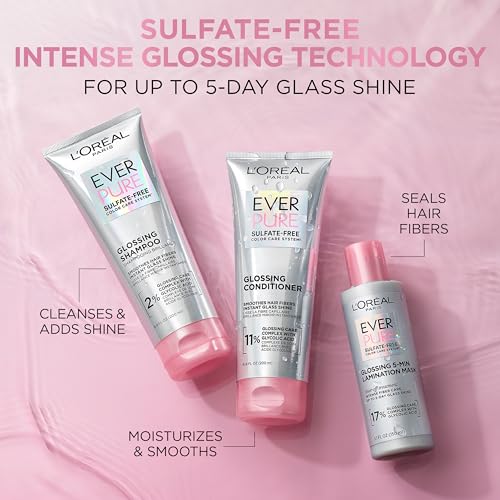 L'Oreal Paris Glossing Sulfate Free Shampoo with Glycolic Acid, Hair Care for Lasting Shine and Smoothness for Dull, Dry Hair, EverPure, 6.8 Fl Oz