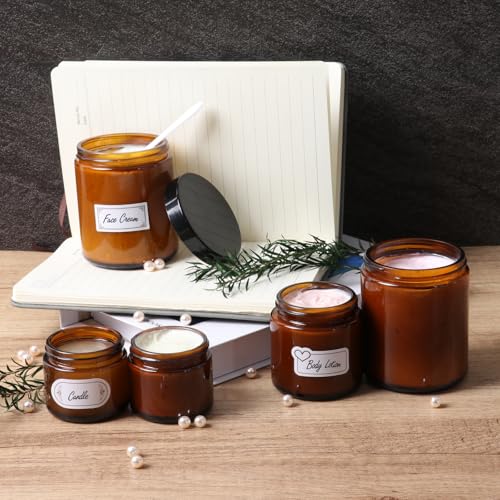 3 Pack 2 oz Amber Glass Jars with lids, Cosmetic Jars with Inner Liners and Black Lids, Lotion Jars, Candle Making Jars for Lotions, Scrubs and Cosmetic, Lables and Spatulas Include