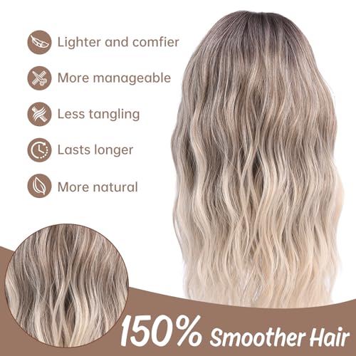 Ombre Blonde Ash Wavy Wigs Human Hair Medium Length for Women Natural Looking Heat Resistant Dark Roots for Party Daily Use (Blonde,18 Inch)